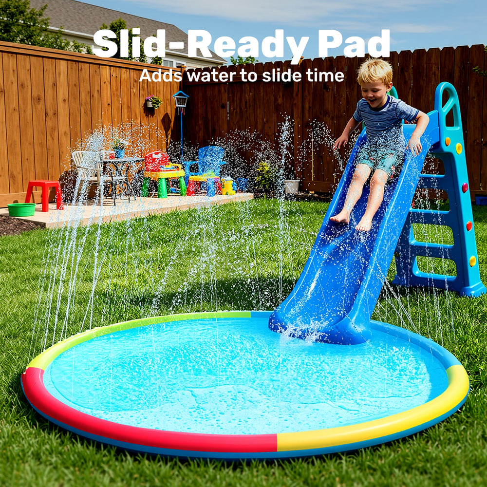 Sloosh splash pad non-slip surface reduces slipping during outdoor water play.