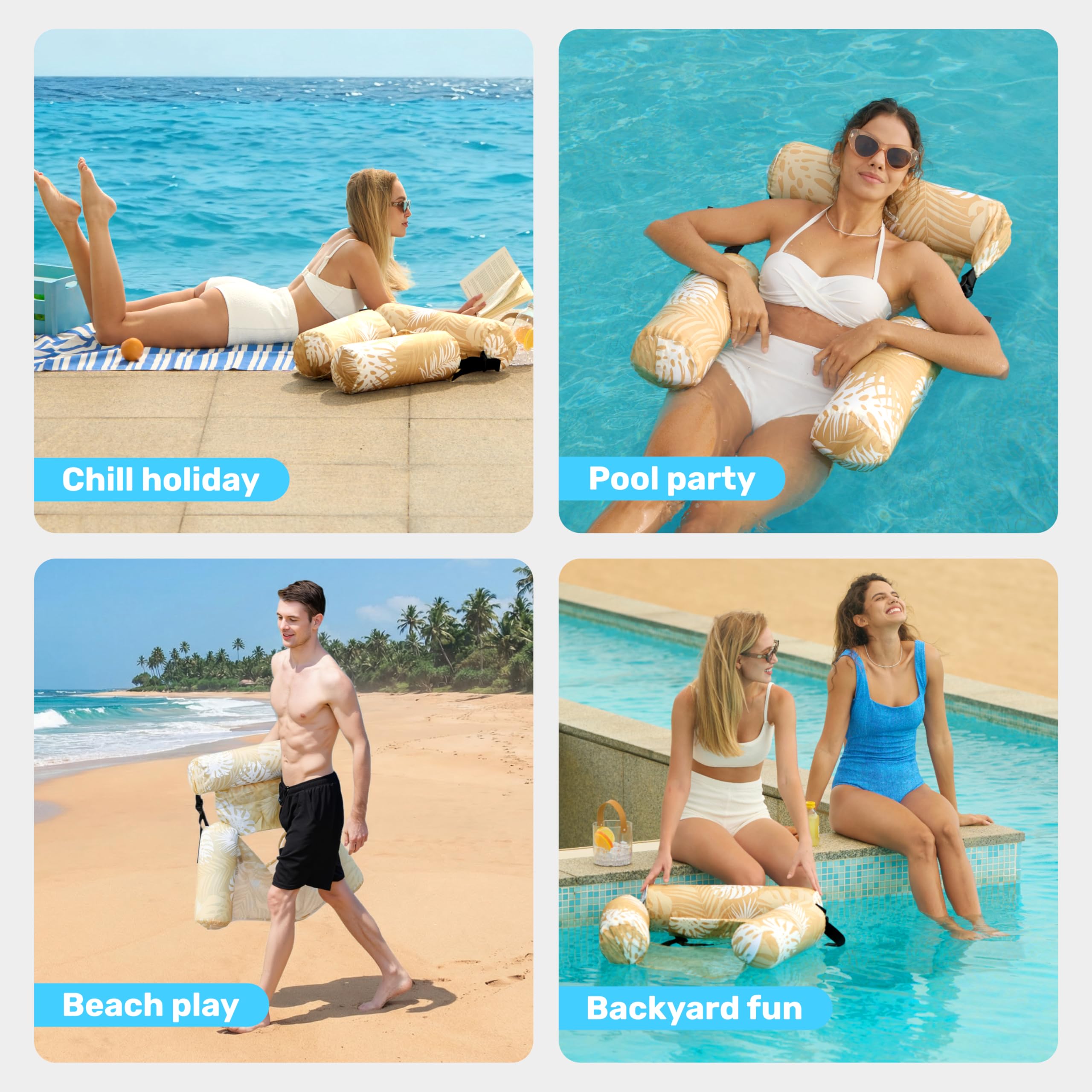 Sloosh adult pool lounge inflates quickly for spontaneous water fun.