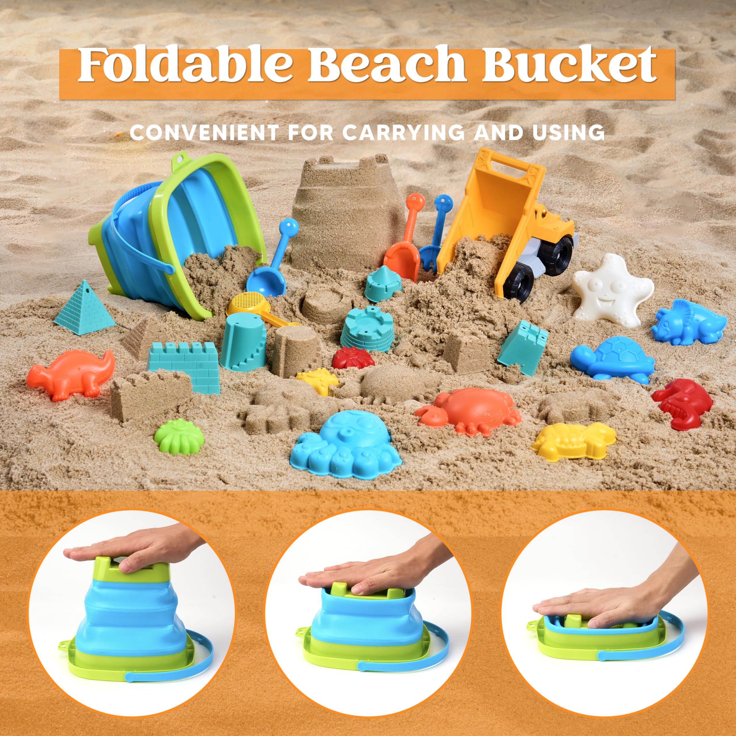 Sloosh collapsible-bucket shown for easy storage and versatile beach use