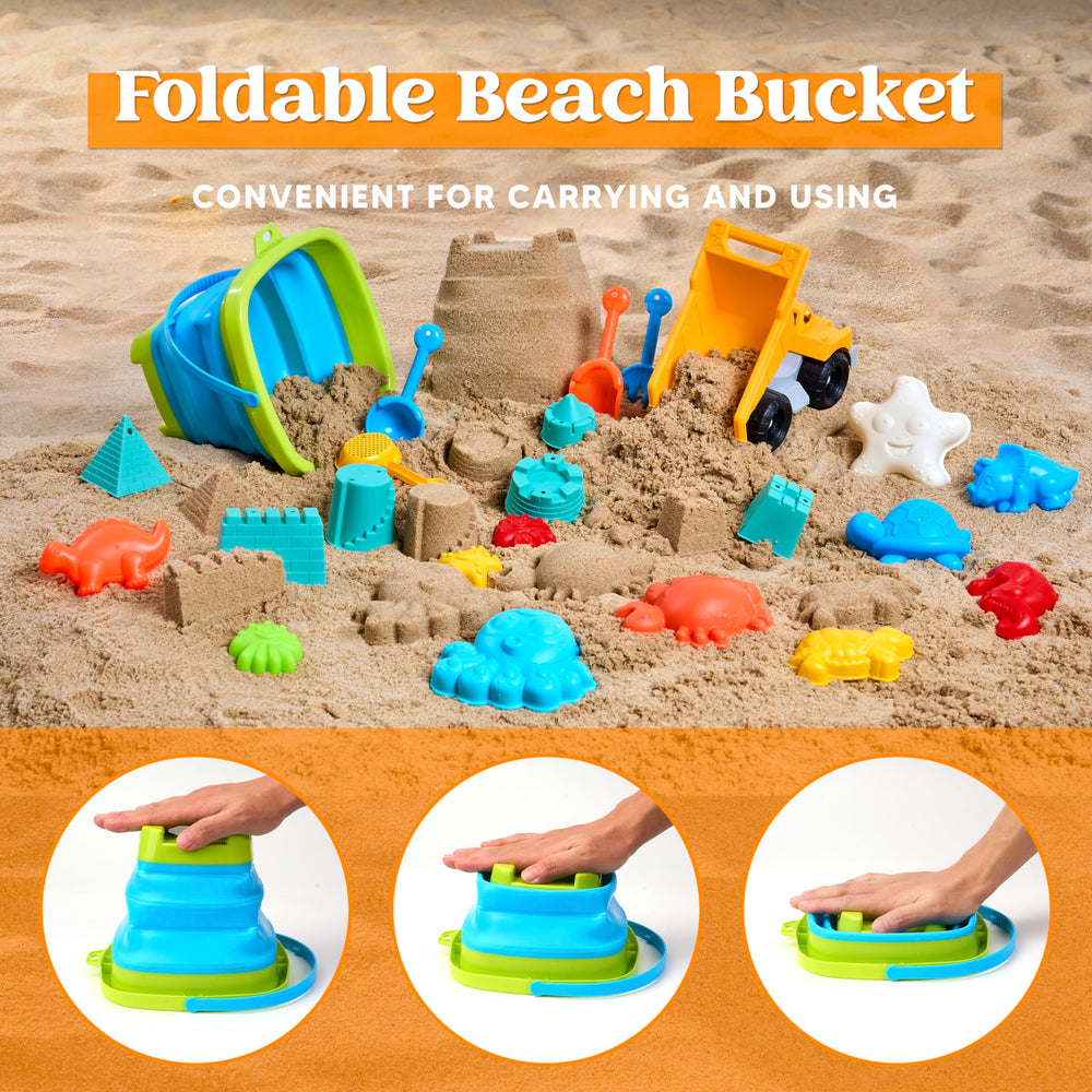 Sloosh collapsible-bucket shown for easy storage and versatile beach use