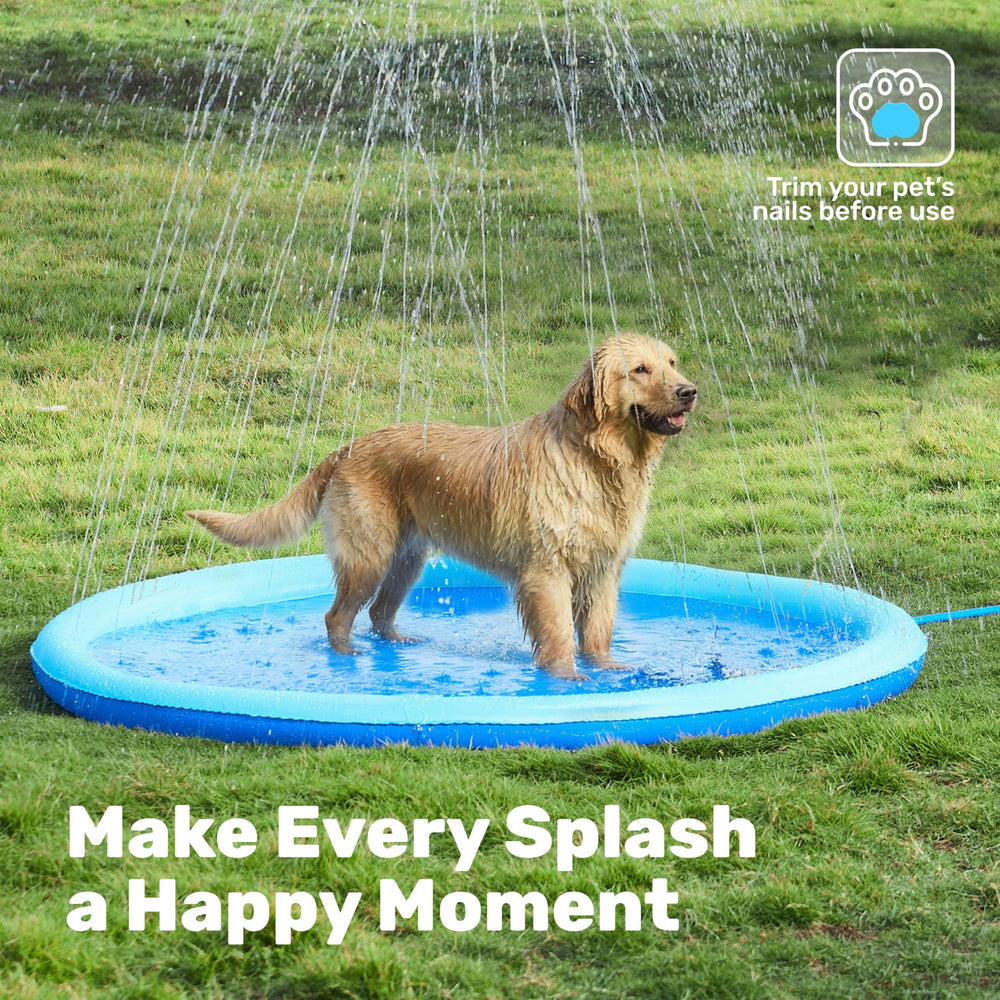 Blue splash pad design adds vibrant color to outdoor space.