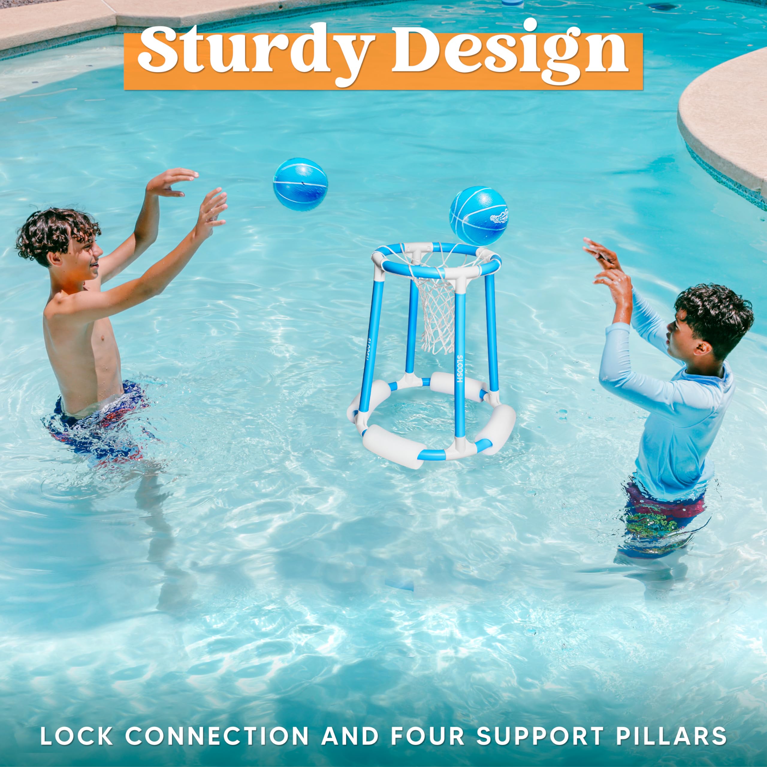 Sloosh blue hoop securely mounted for stable pool play.