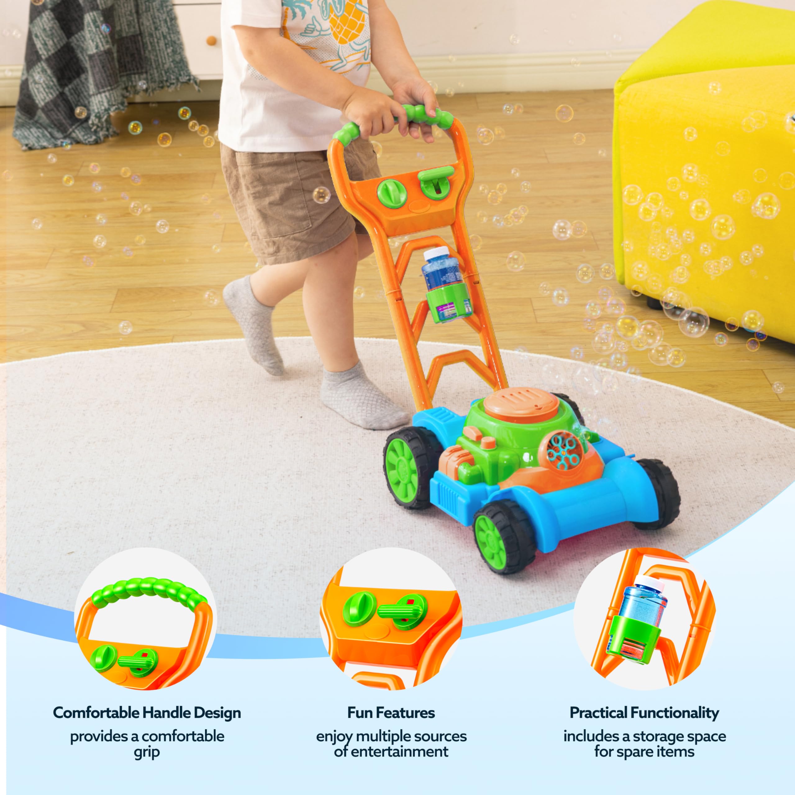 SLOOSH Bubble Lawn Mower gear-sounds enhance pretend play experience.