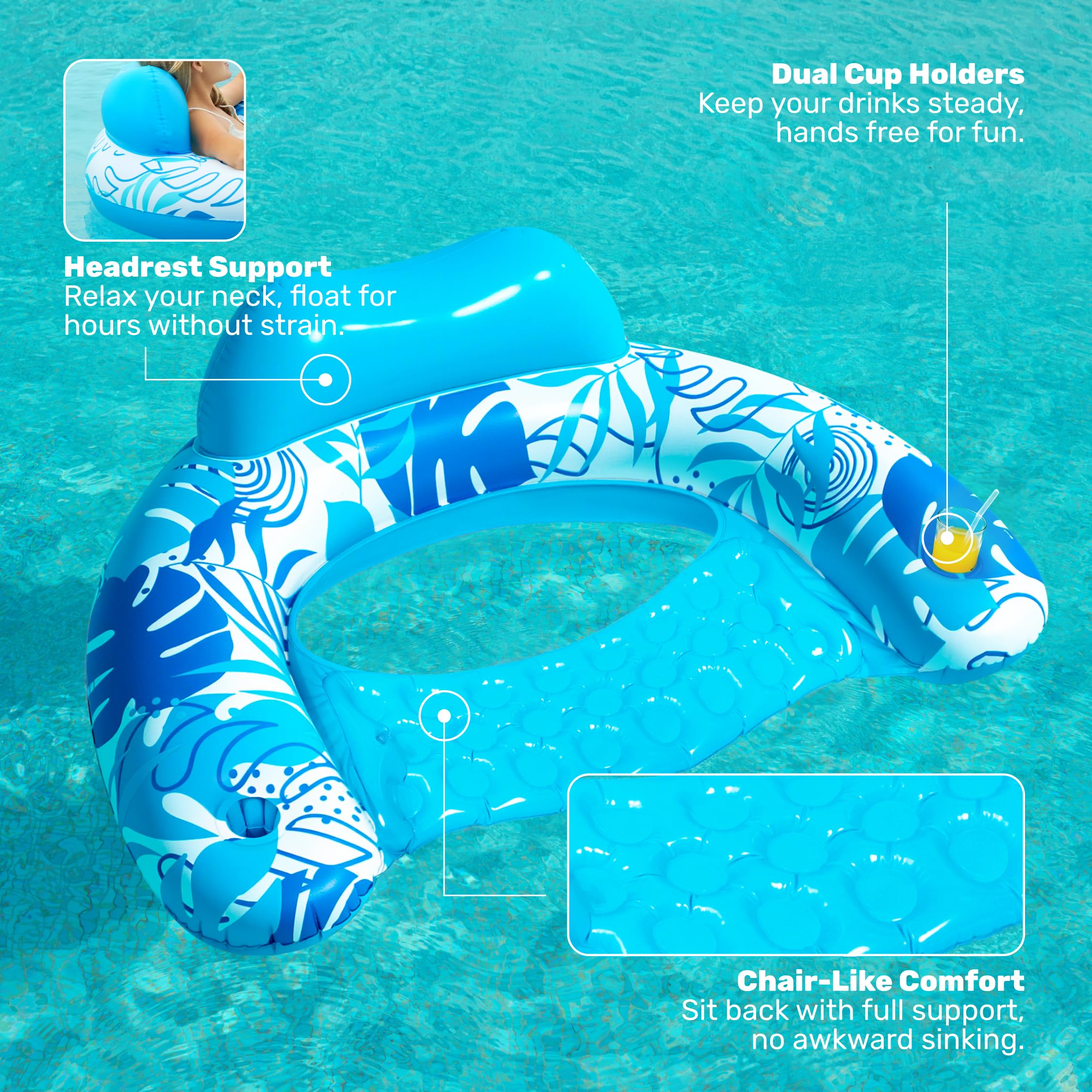 Sloosh built-in headrest on pool float for neck support during sunbathing.