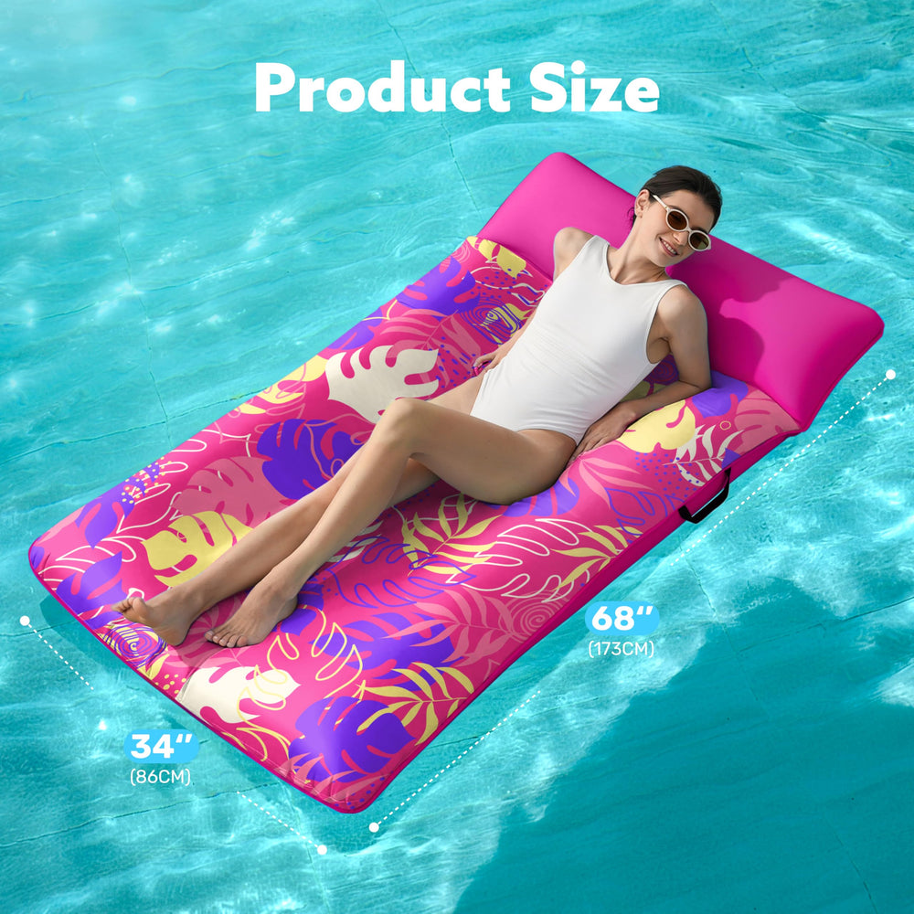 Sloosh built-in pillow on pool float supports neck comfort.