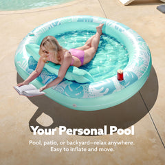 Sloosh centerpiece floating platform enhances pool gatherings with a stable, focal lounging area