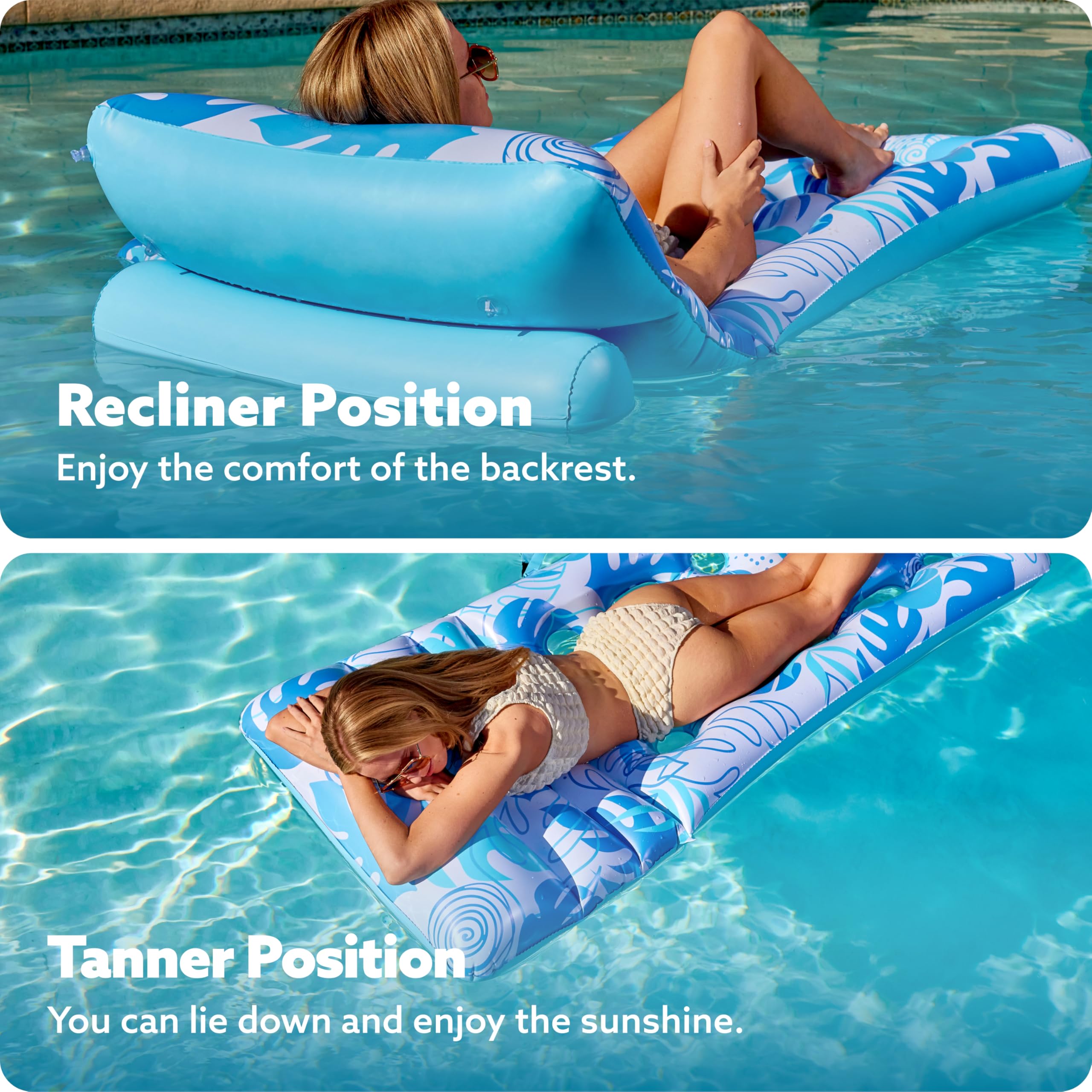 SLOOSH blue pool lounge with cup holders and phone mount for essentials