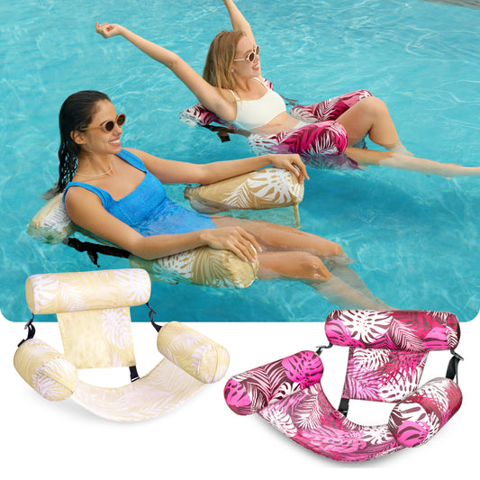 SLOOSH floating lounge chair with tropical leaves design enhances poolside ambiance.