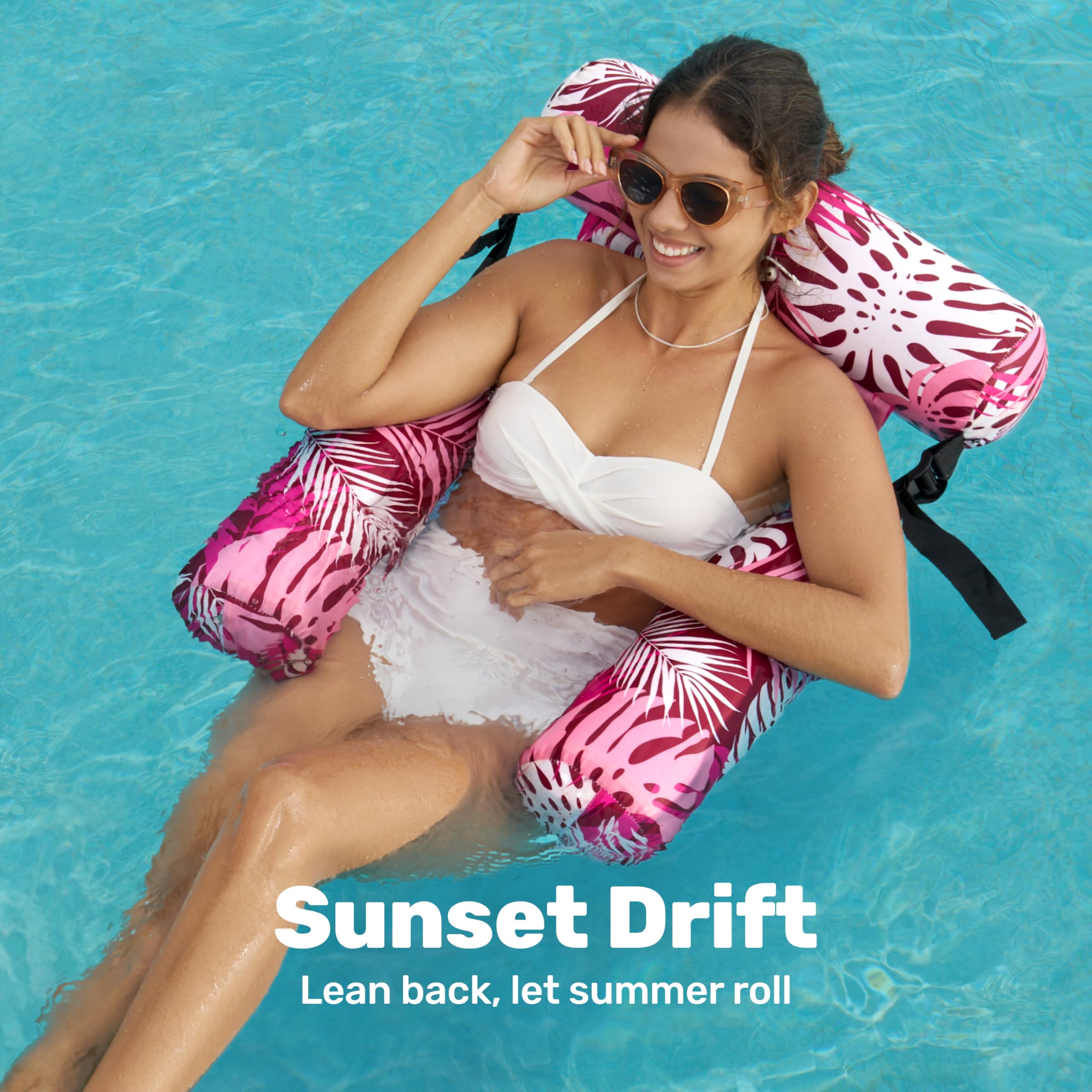 Sloosh plant-pattern floating mat hammock for lounging while floating.