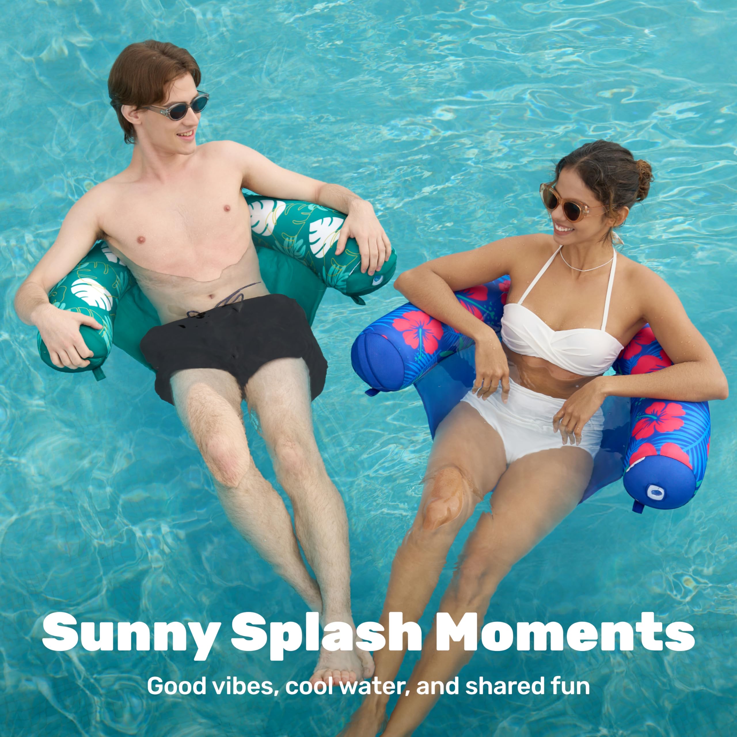 Sloosh floating pool lounge with sling supports graceful lounging on water.