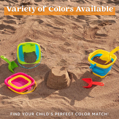 Sloosh blue foldable bucket shown for quick sandcastle setup