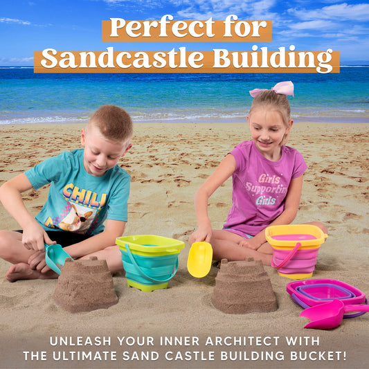 Sloosh foldable purple bucket open for quick beach setup and play.