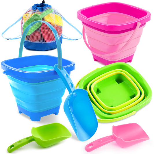 Sloosh foldable buckets with shovels in blue, pink, and green ready for beach play.