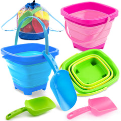 Sloosh foldable buckets with shovels in blue, pink, and green ready for beach play.