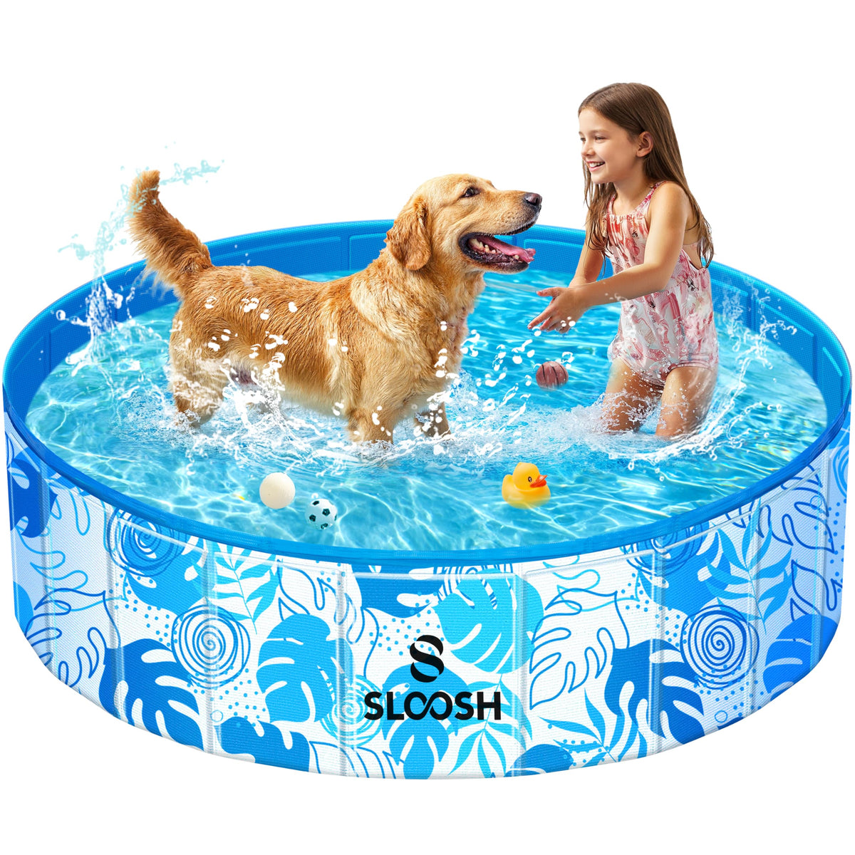 SLOOSH foldable dog pool ready for quick setup in a sunny backyard.