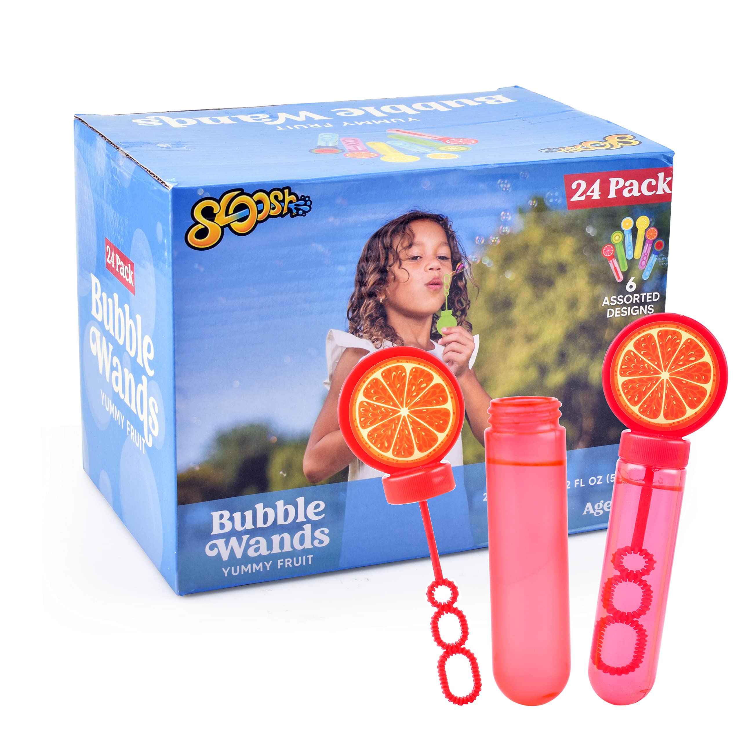 Sloosh 24-pack fruit bubble wands assortment for versatile party favors.