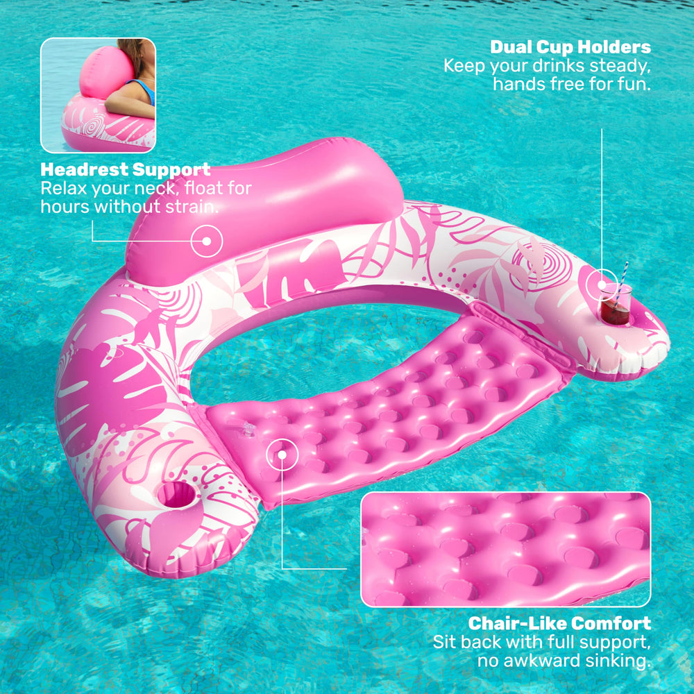 SLOOSH pink pool chair with cup holders for drinks during pool time.