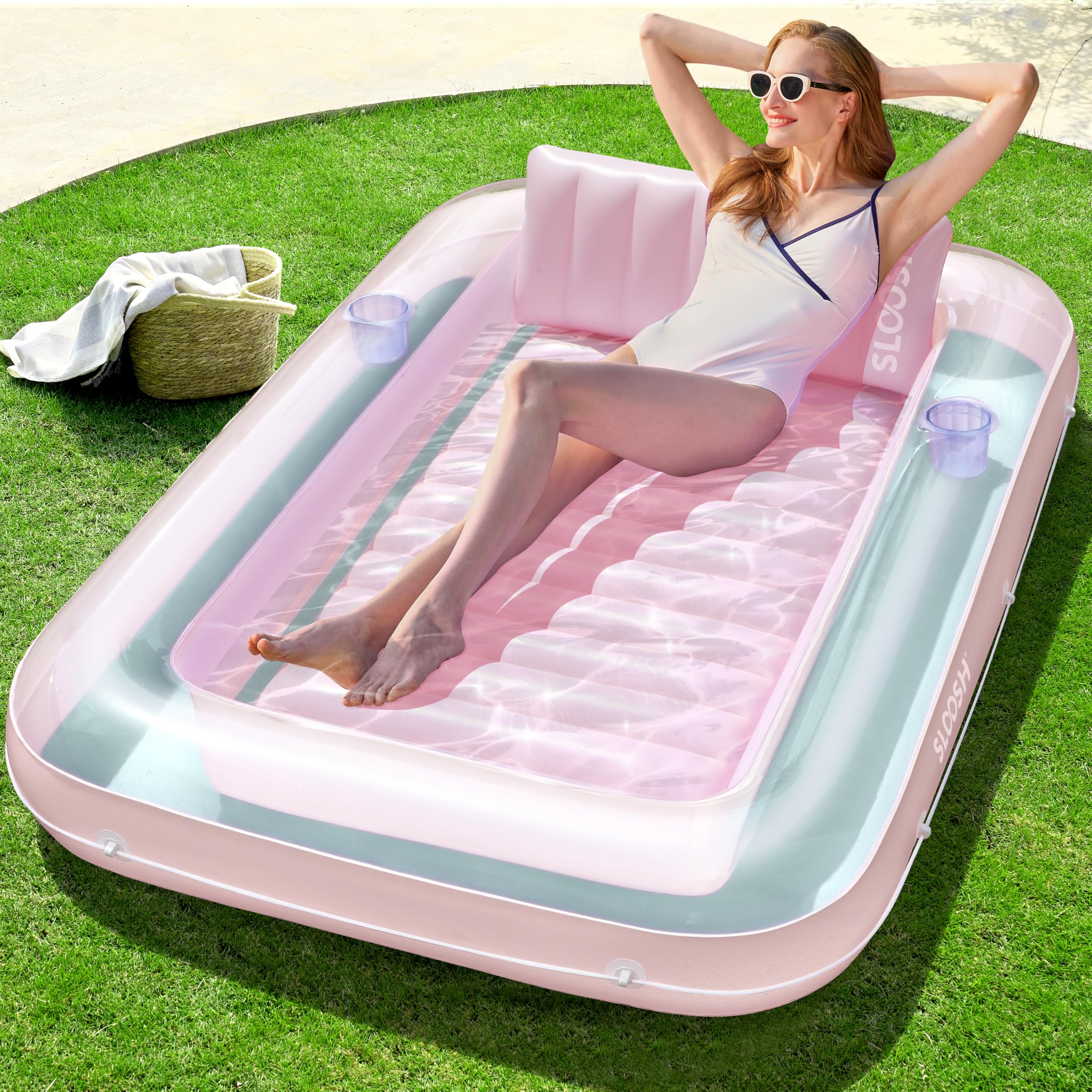 Sloosh inflatable tanning pool lounger 70x46 for solo sunbathing and backyard relaxation.