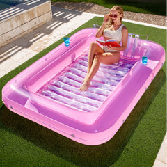 Sloosh inflatable tanning pool lounger 85 by 57 inches for shared sunbathing by the pool.