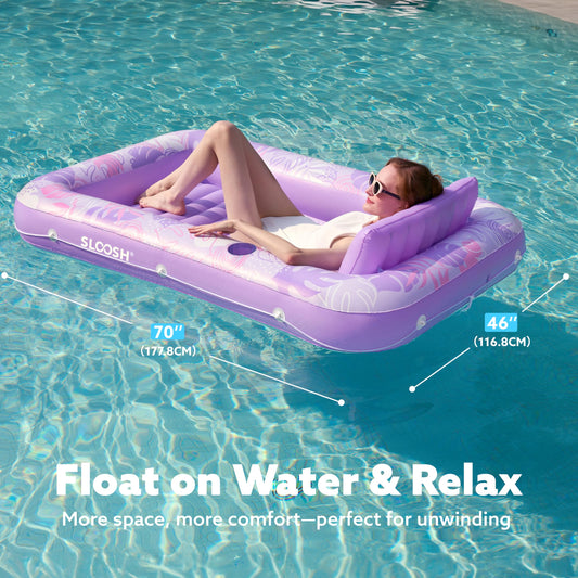 Sloosh tanning pool float with drink holders for poolside relaxation.