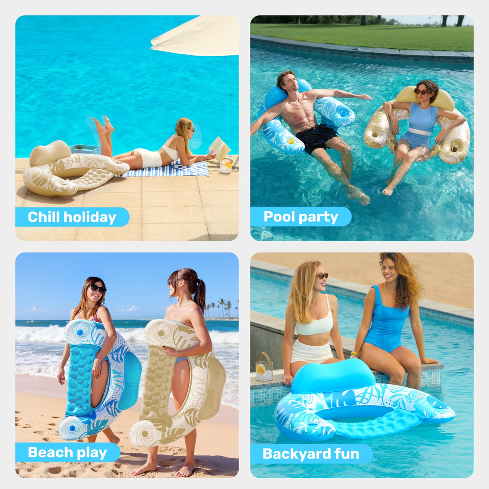 Sloosh leaves design pool float with buoyant comfort and tropical vibe.