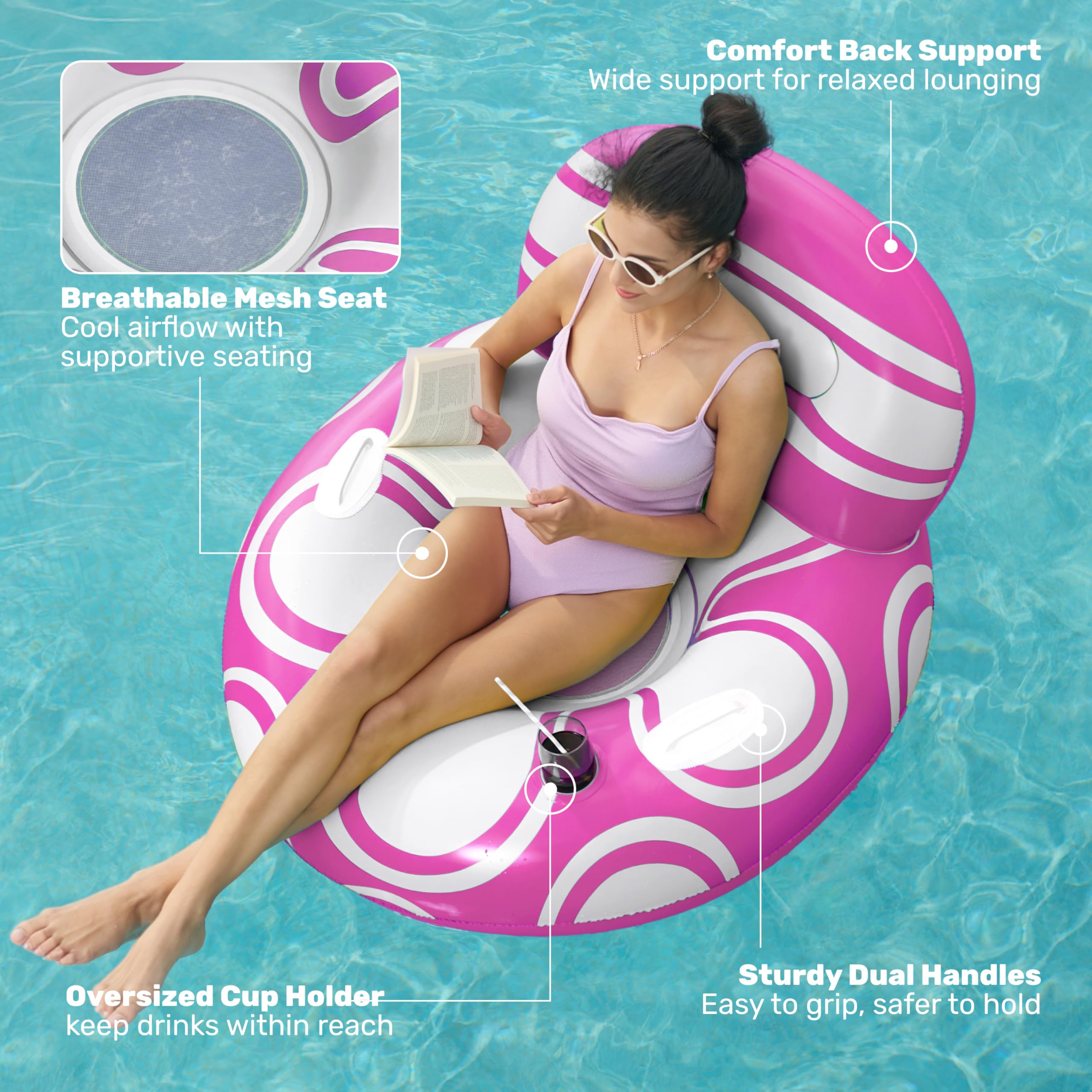 Sloosh floating chair featuring built-in cup holders for drinks within reach.