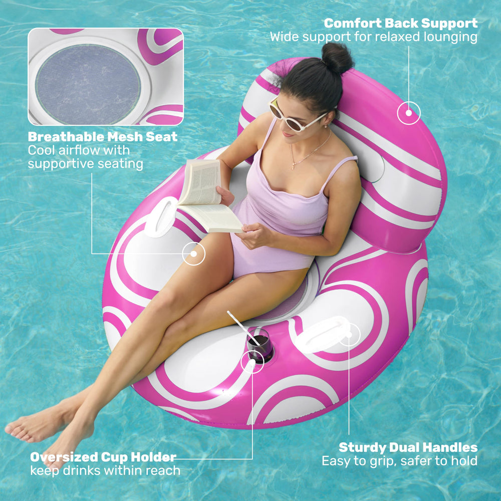 Sloosh floating chair featuring built-in cup holders for drinks within reach.
