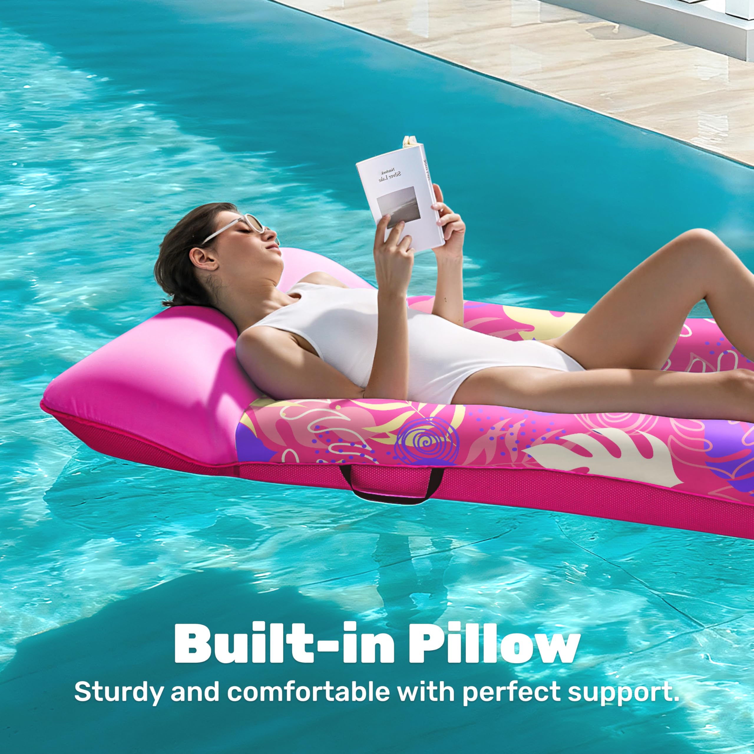 Sloosh pink pool float with headrest for comfy water rest.
