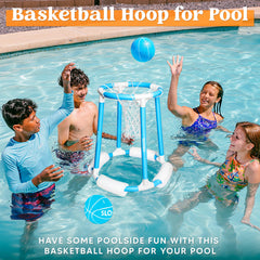Sloosh pool basketball hoop in action with kids enjoying water play.