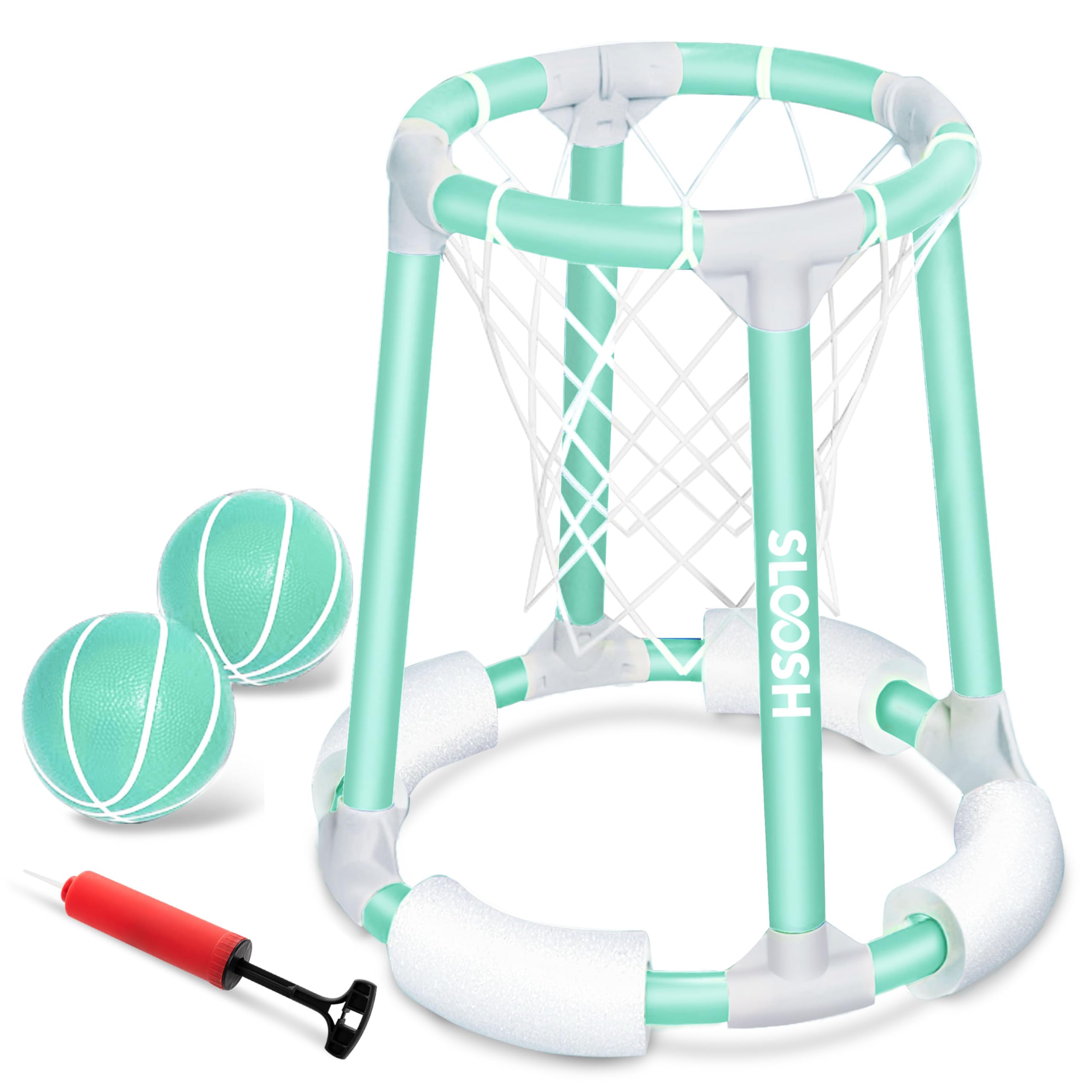 Sloosh pool basketball hoop assembly in water for quick setup and splashy play.