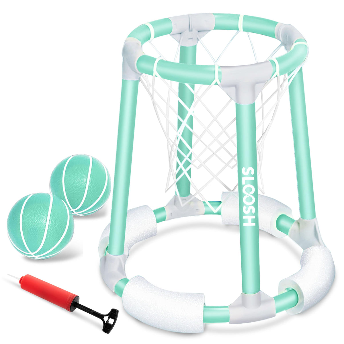Sloosh pool basketball hoop assembly in water for quick setup and splashy play.
