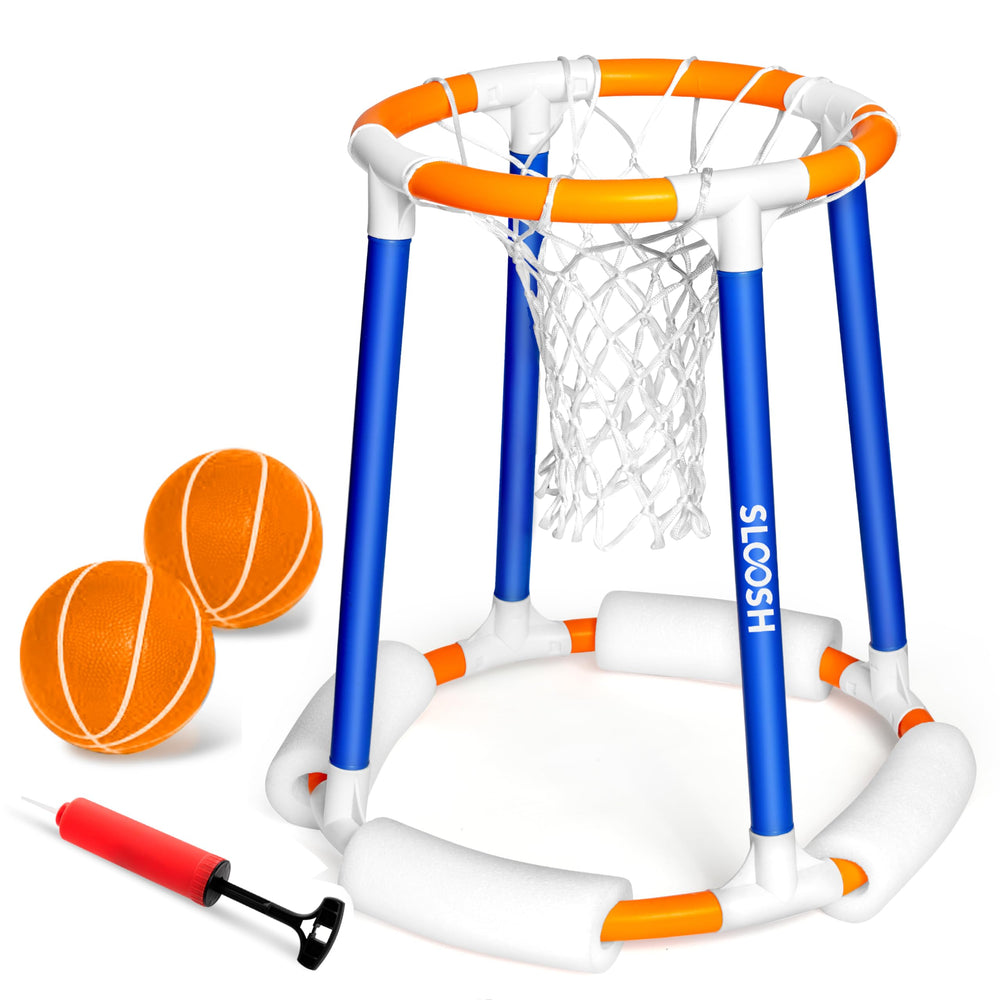 Sloosh pool basketball hoop with blue-orange frame for pool play.