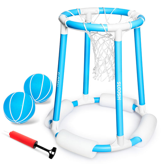 Sloosh pool basketball hoop set being assembled for quick family fun.