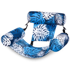 Sloosh pool float chair with blue leaves pattern for relaxing poolside lounging.