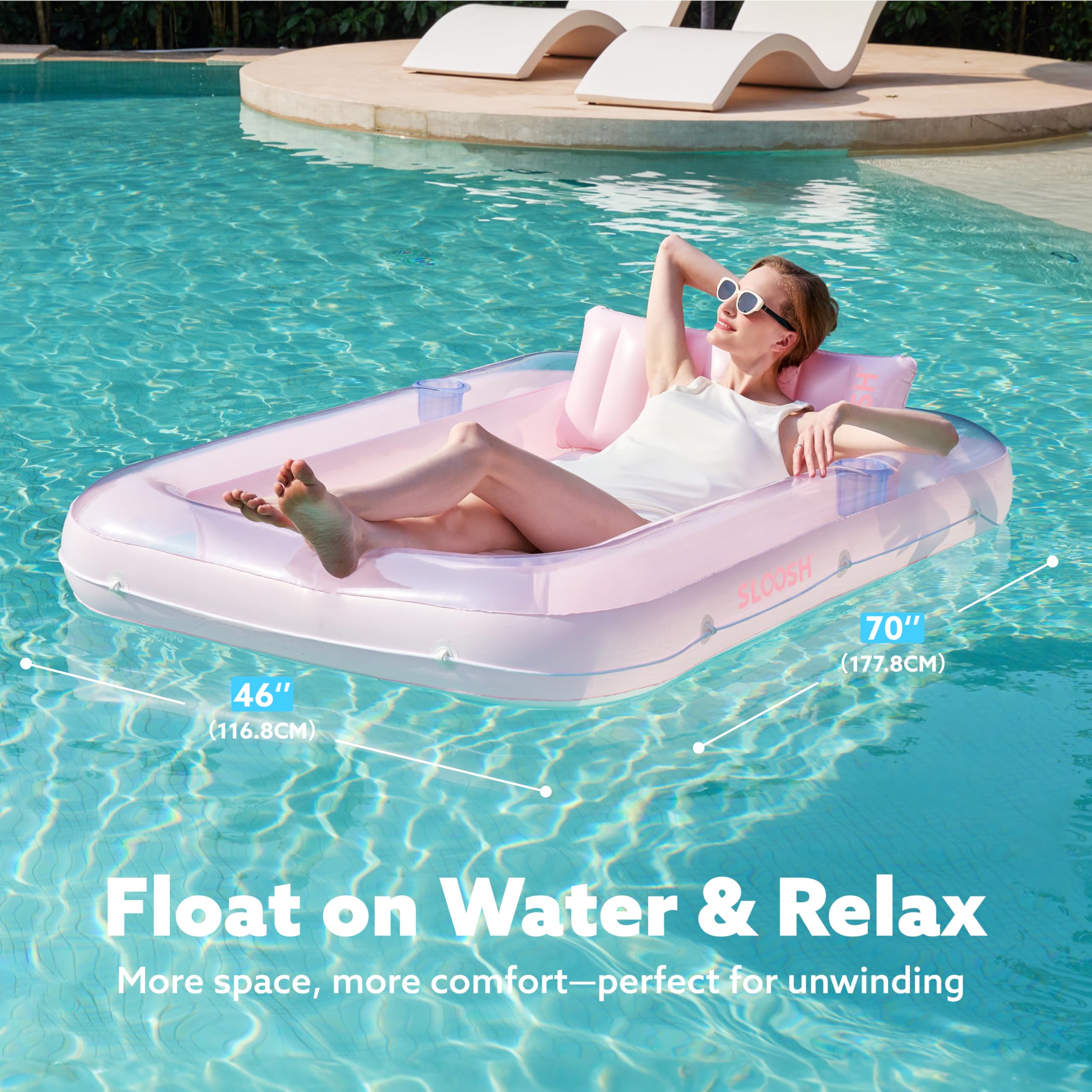 Sloosh pool float with removable pillow for ergonomic comfort while lounging