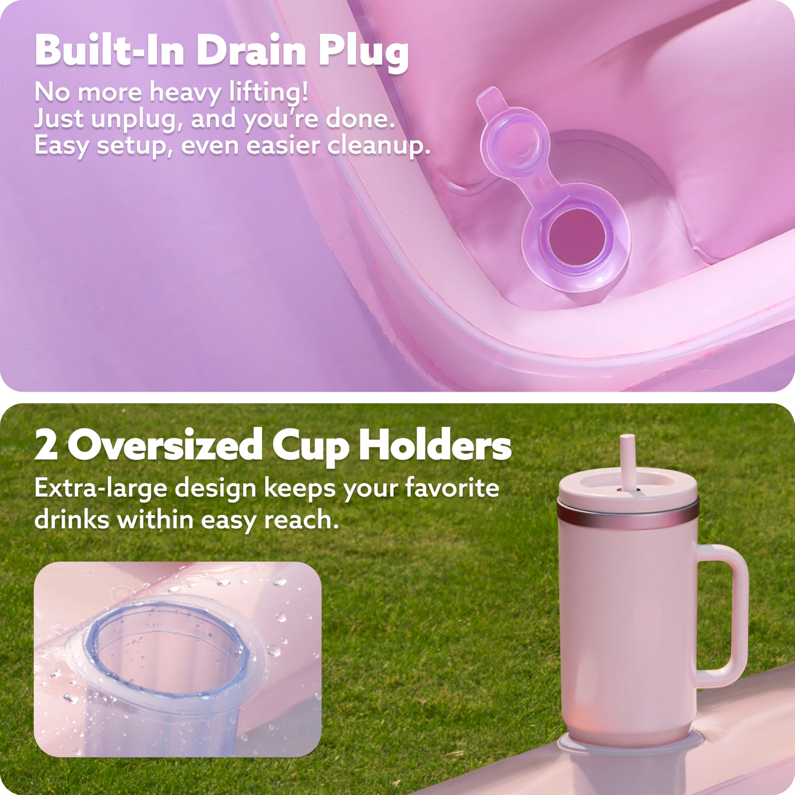 Sloosh tanning float with built-in drink holders for convenient refreshments