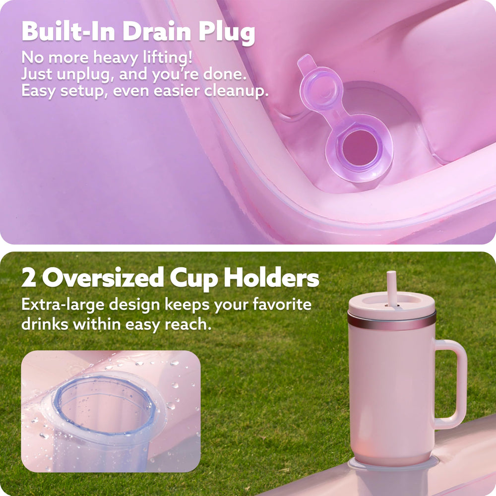 Sloosh tanning float with built-in drink holders for convenient refreshments