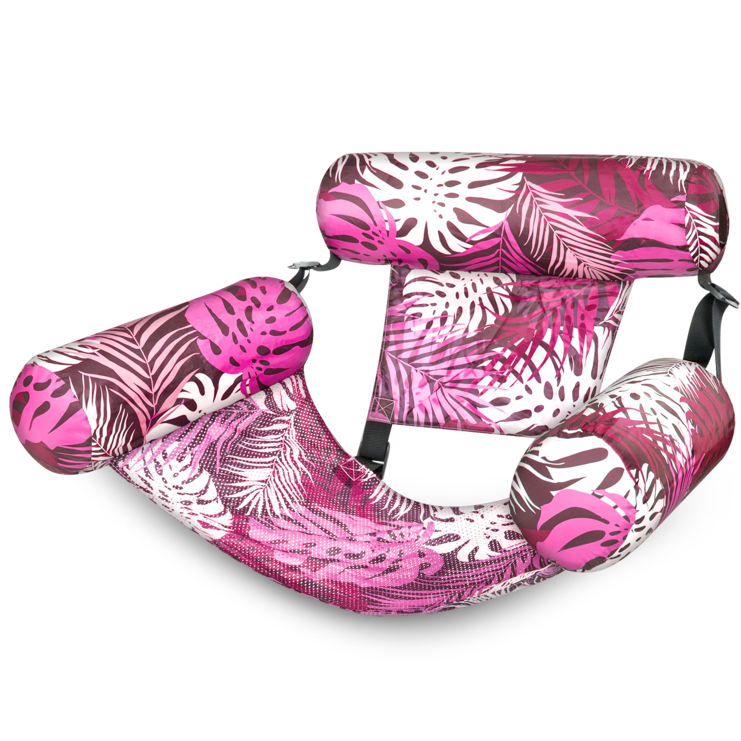 Sloosh pool floats chairs with pink leaves offer comfortable poolside seating.