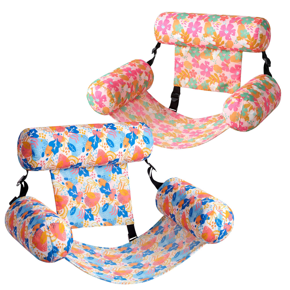 Sloosh pool float chair with tropical flower pattern for lounging.