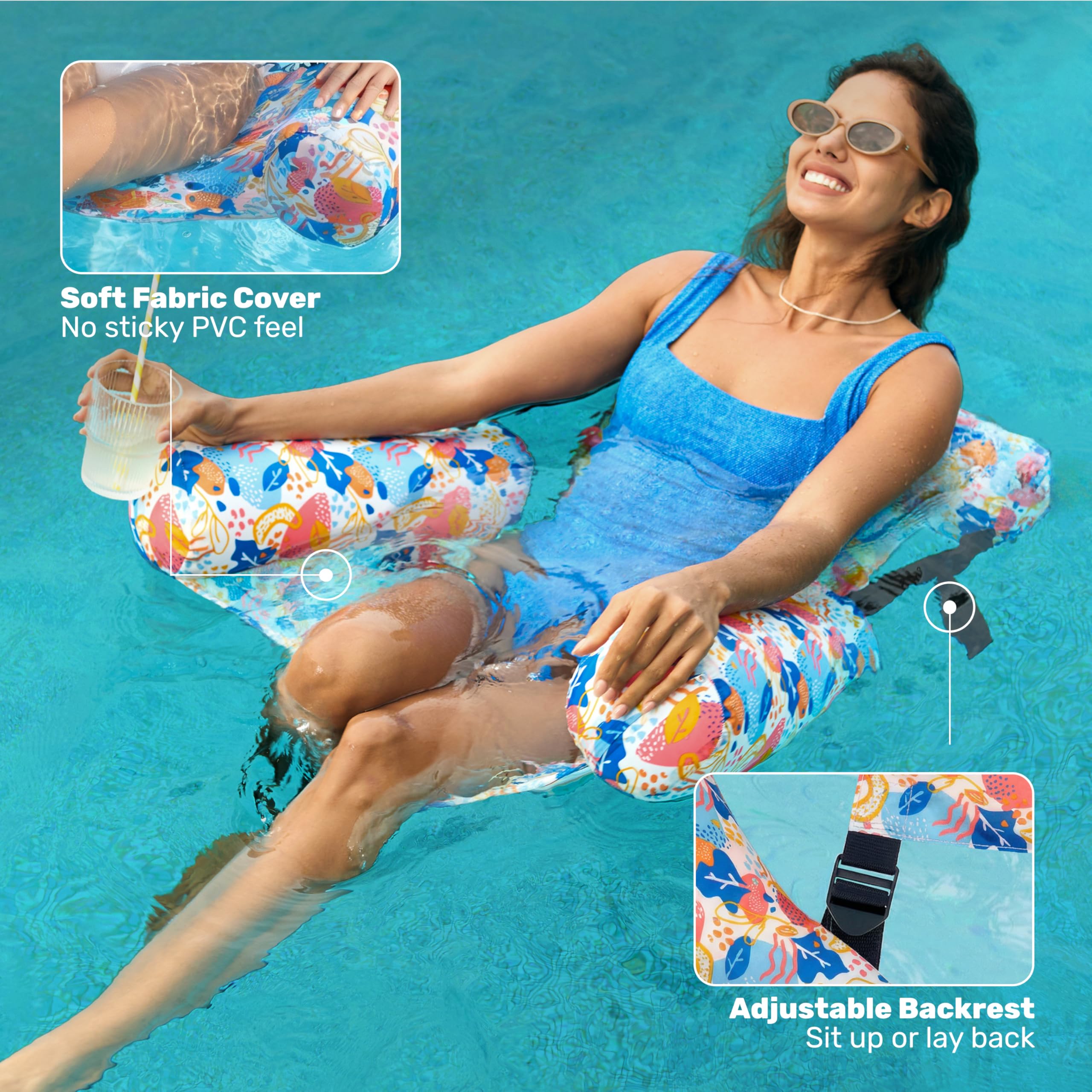Sloosh pool float chair with adjustable straps in flower design for lounging.