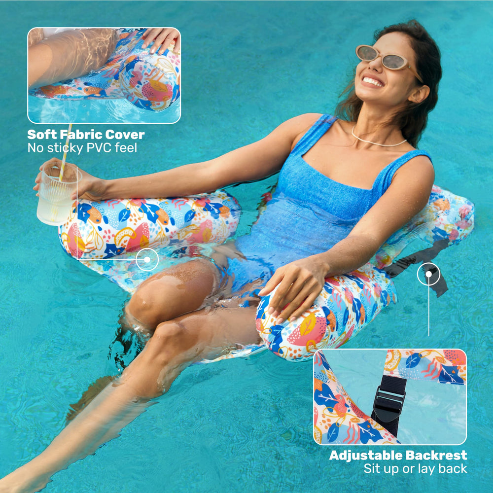 Sloosh pool float chair with adjustable straps in flower design for lounging.