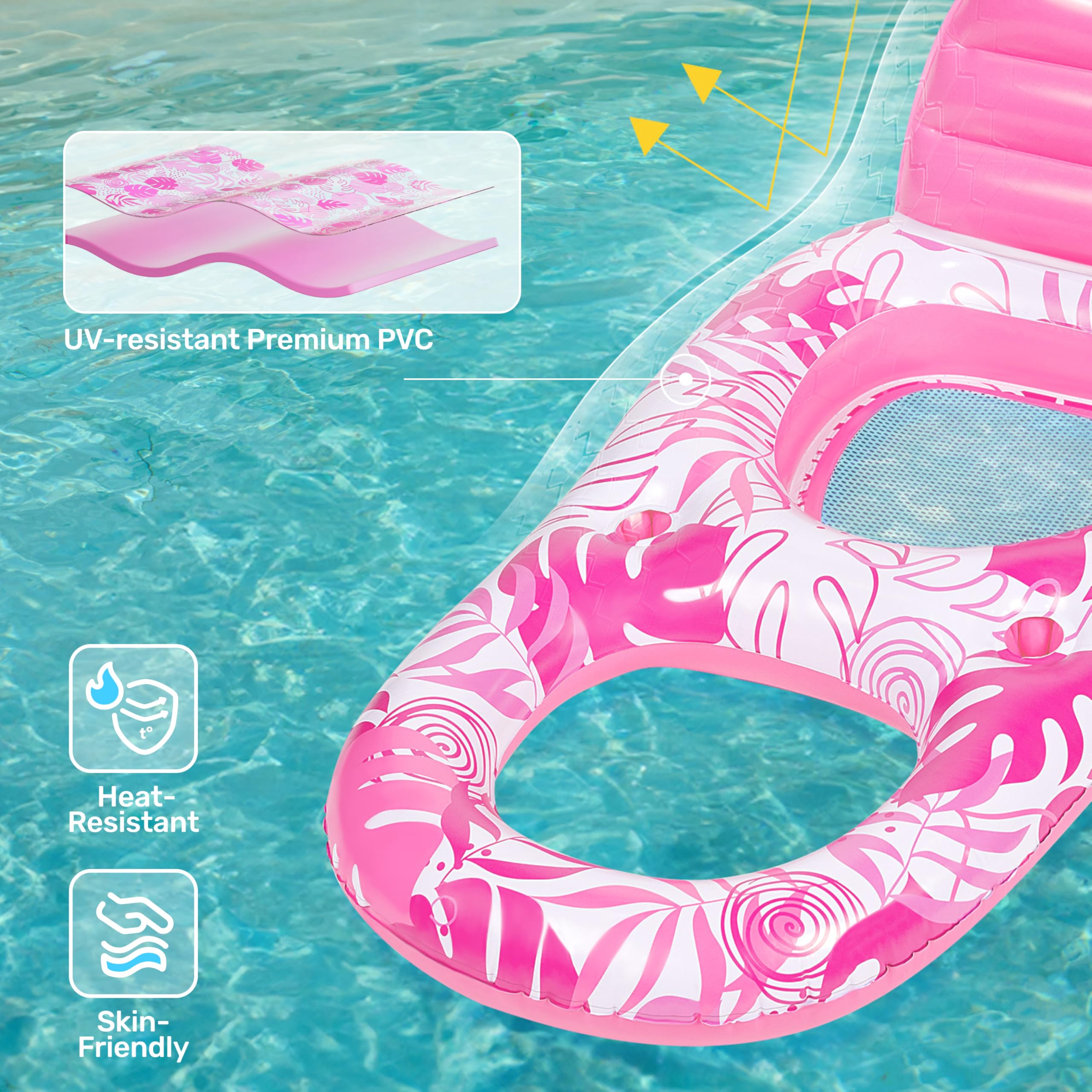 Sloosh pink foot zone on pool float allows dipping feet for cooling relief