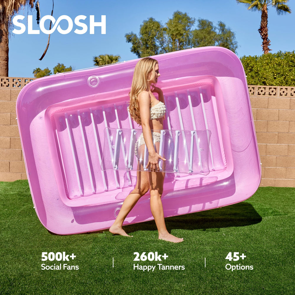 Sloosh portable luxury allows quick setup for backyard or lakefront sunbathing.