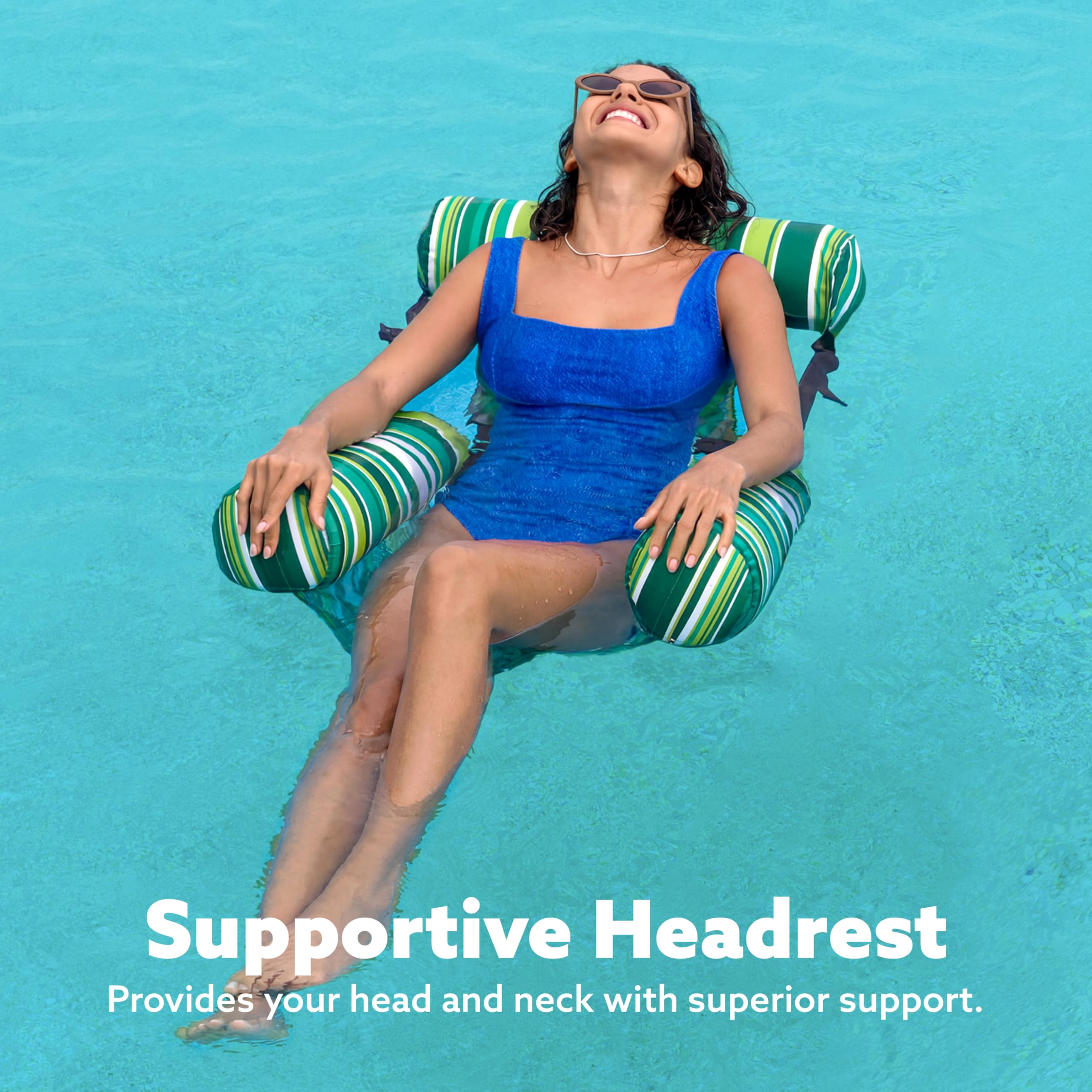 Sloosh pool float chair stripe deflates compactly for travel and storage.