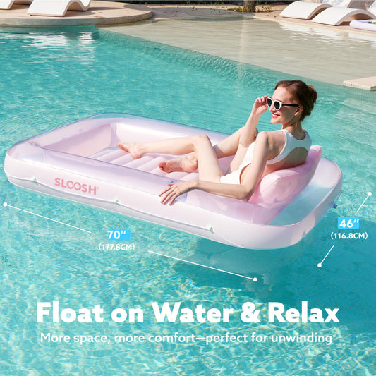 Sloosh inflatable lounger with removable pillow headrest for comfortable sun sessions.