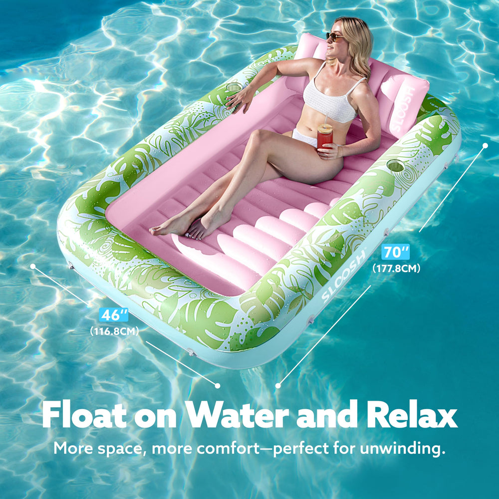 Sloosh tanning pool lounger with removable pillow for neck support.