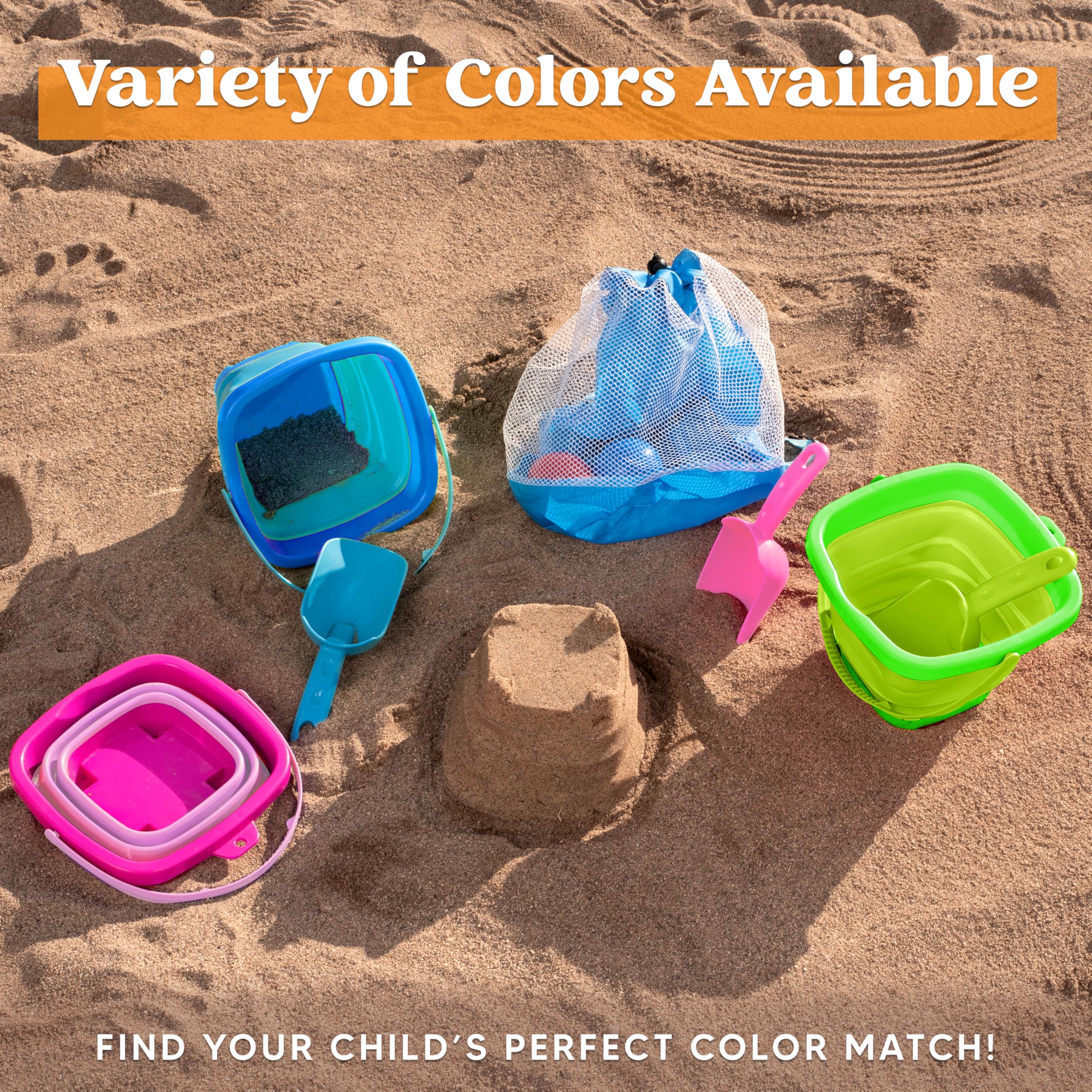 Sloosh sand shovels set complements bright colored buckets for digging.