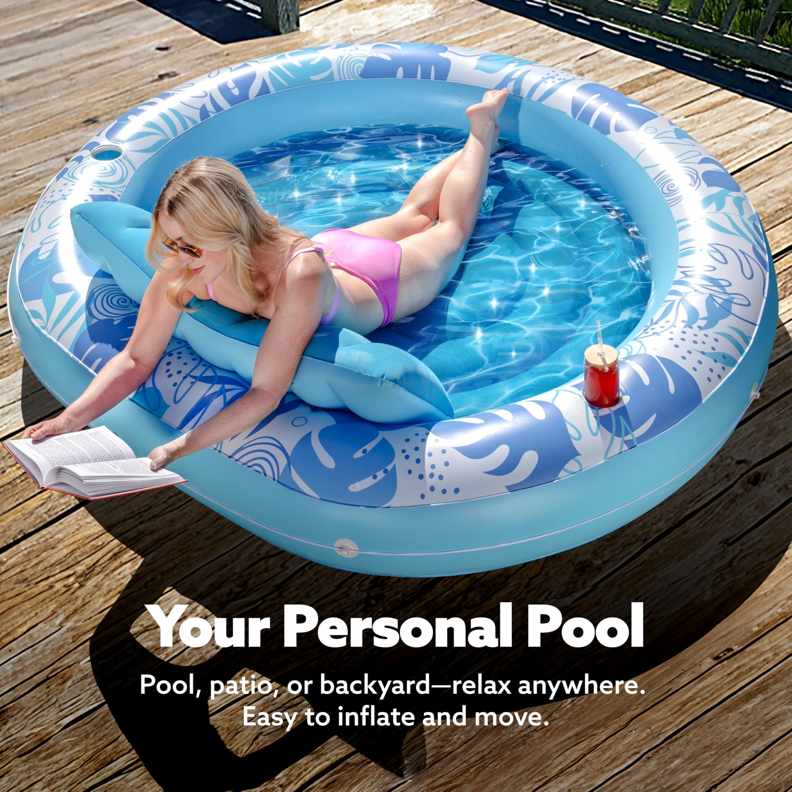 Sloosh round float acts as a stable centerpiece for poolside gatherings.