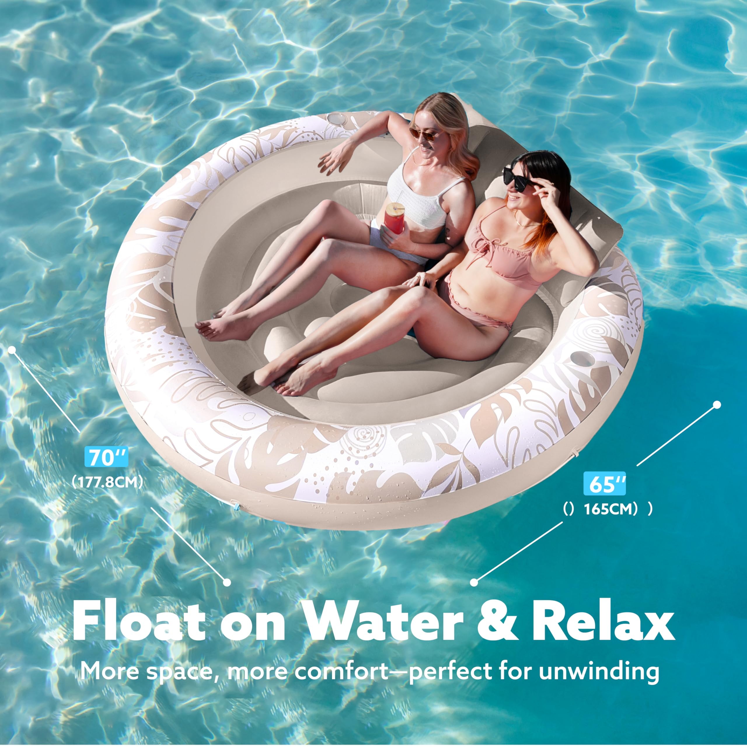 Sloosh stable circular pool bed floats as a centerpiece for pool gatherings.
