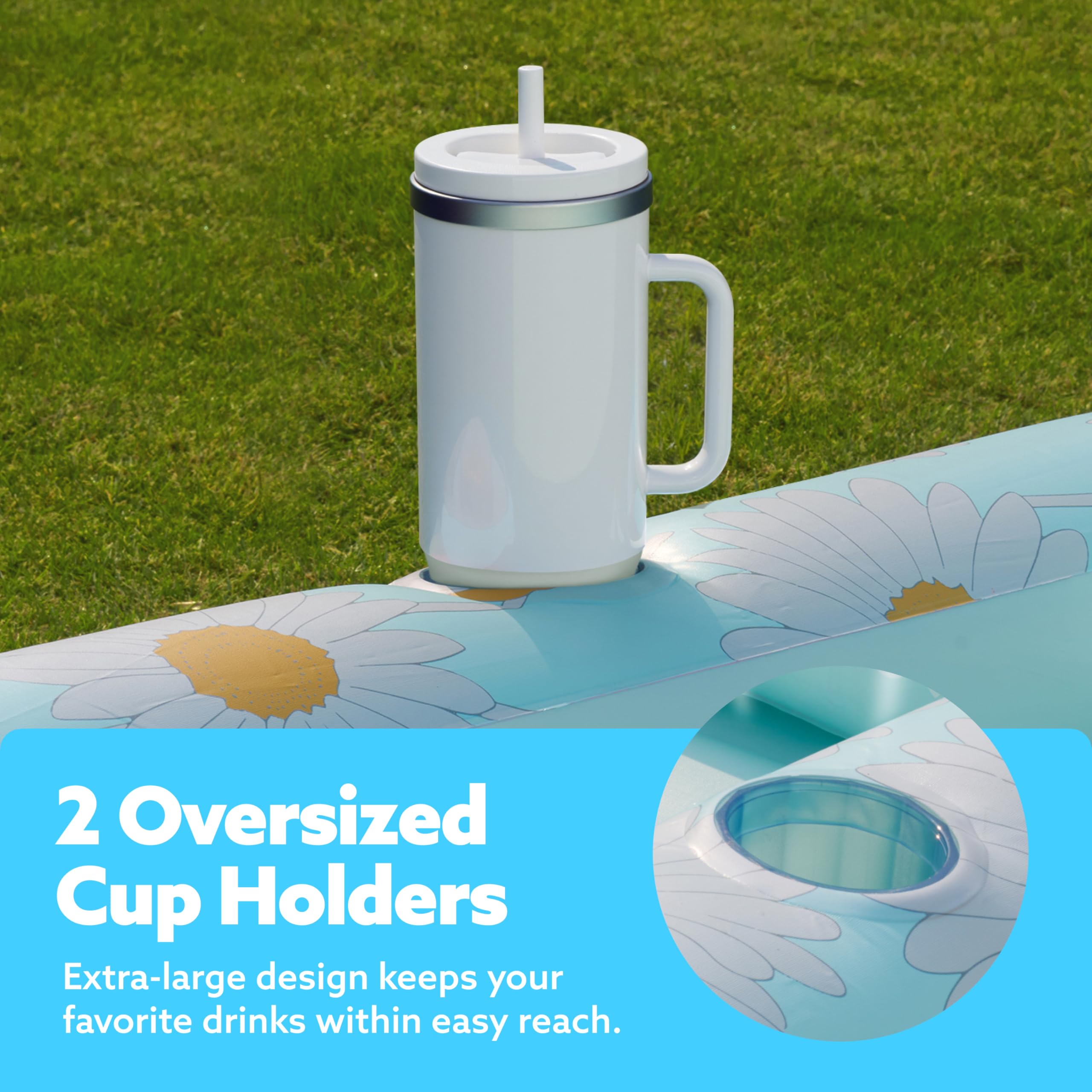 Sloosh tanning float with drink holders offers a private oasis for solo backyard lounging.